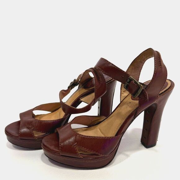 Frye Samantha Seam brown leather ankle strap platform heel sandal - Picture 2 of 10